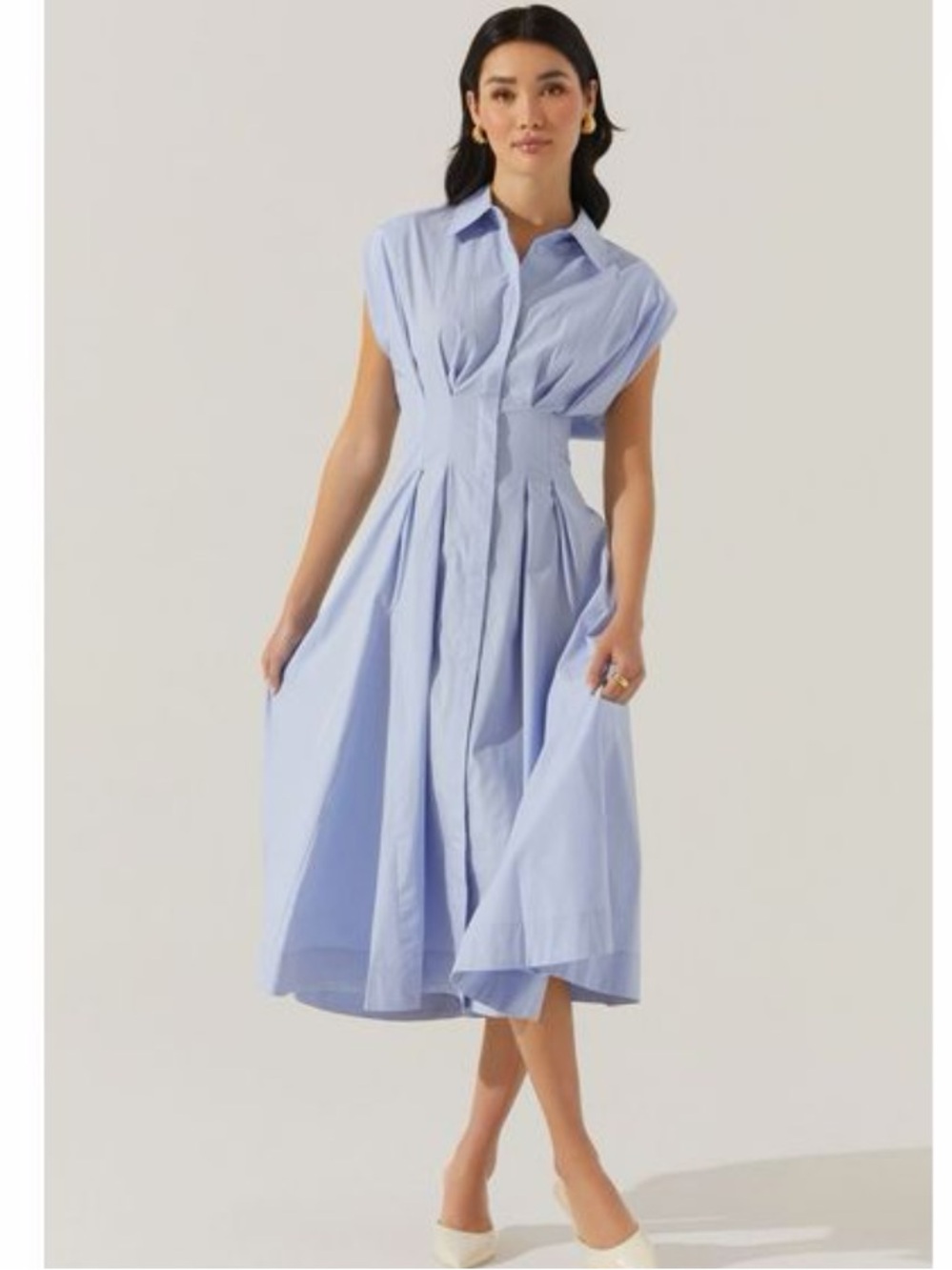 Light Blue Midi Shirt Dress - Astr Beckett tapered waist dress